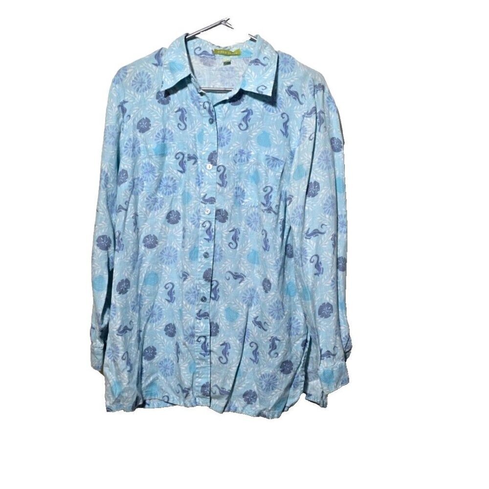 Sigrid Olsen Blouse Sz L Linen Button Down Blue Ocean Seahorse Boho Beach Womens